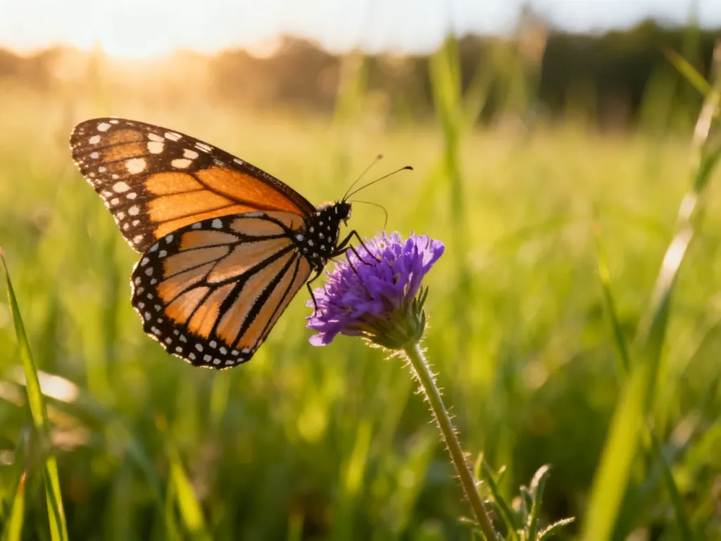 Motyl monarch odpoczywający na fioletowym kwiecie w słonecznej scenerii łąki.