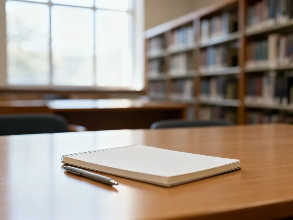 Pusty notatnik i długopis na biurku w bibliotece uniwersyteckiej, symbolizujące naukę i przygotowania do egzaminów.