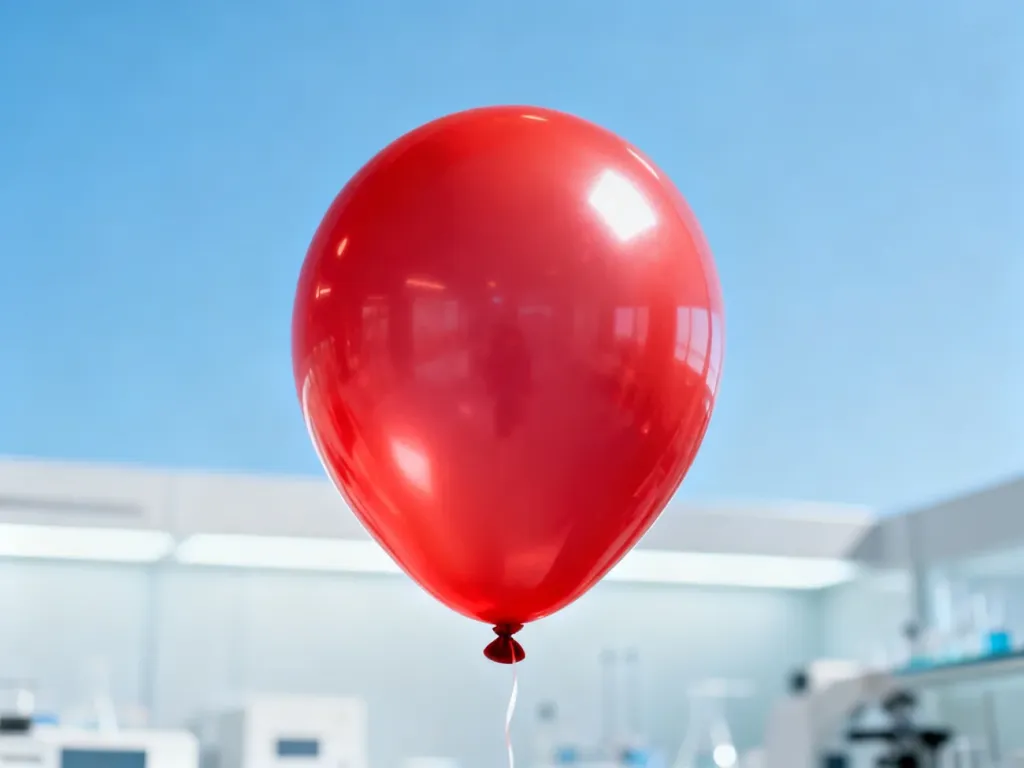 Pojedynczy, czerwony balon z helem unoszący się w jasnej przestrzeni, ilustrujący właściwości tego gazu.