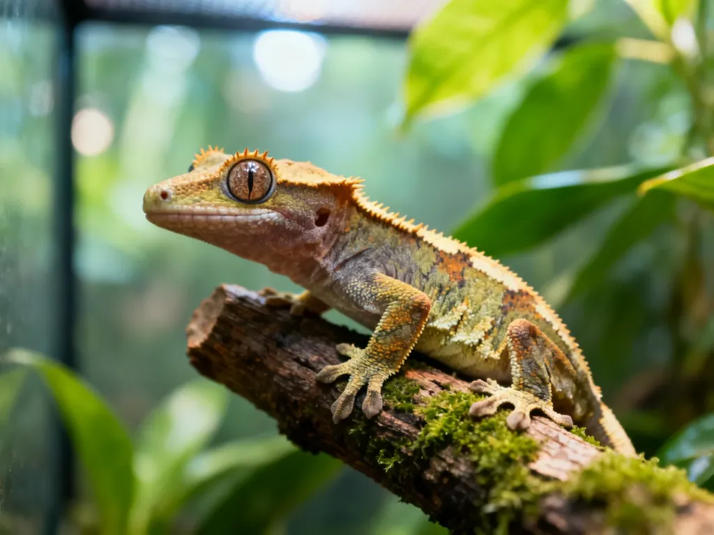 Zbliżenie na gekona orzęsionego siedzącego na mszystej gałęzi w terrarium o tropikalnym wystroju.