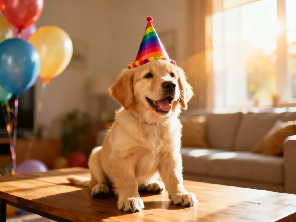 Uśmiechnięty szczeniak golden retrievera w kolorowej czapeczce urodzinowej, wprowadzający radosny nastrój w środowy poranek.